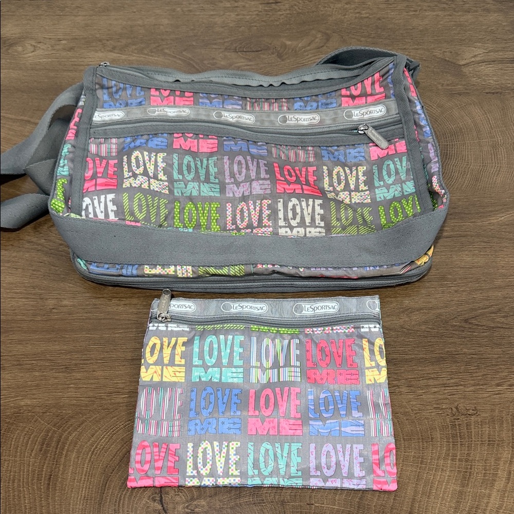 Lesportsac Gray Crossbody Bag with Multicolor LOVE Print and Matching Pouch
